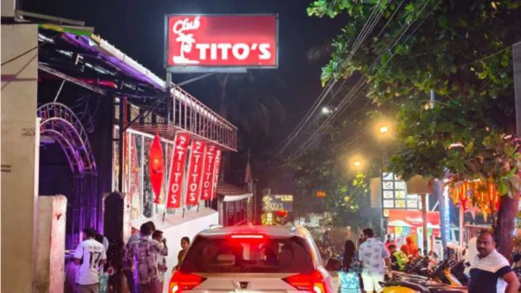 Night view of Tito’s Lane in Goa with clubs, lights, and crowded streets