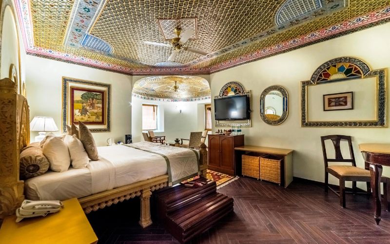 Interior room of a luxury hotel in Jaisalmer with heritage Rajasthani design
